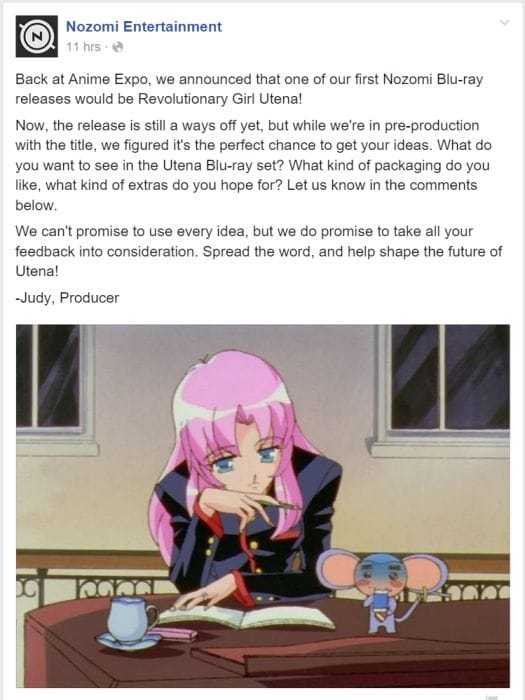 Nozomi - Utena Facebook Blu-Ray Inquiry