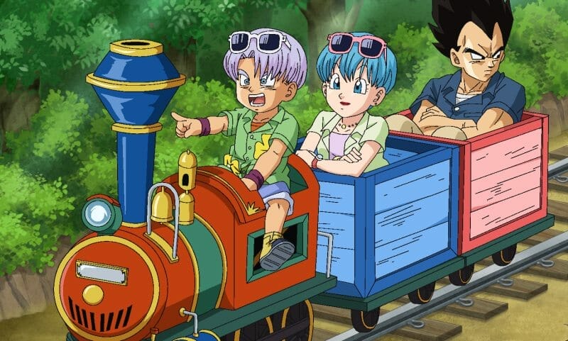 Dragon Ball Super - Trunks, Bulma, and Vegeta on a small train.
