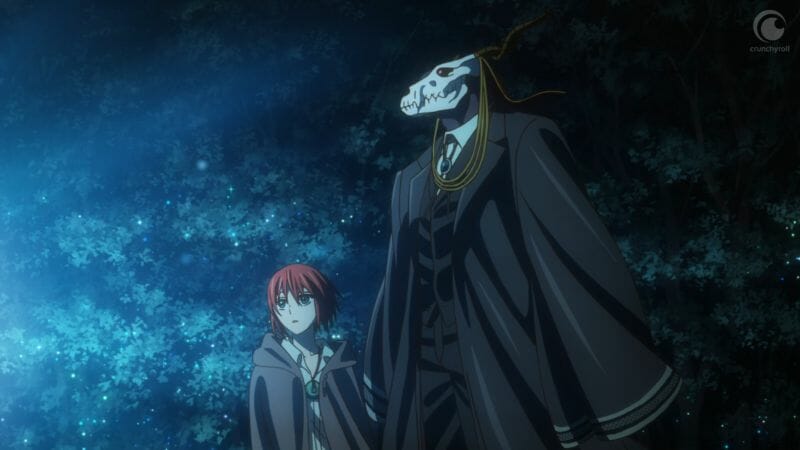 A man with a skull for a head  and a red-haired woman stare up at the sky.