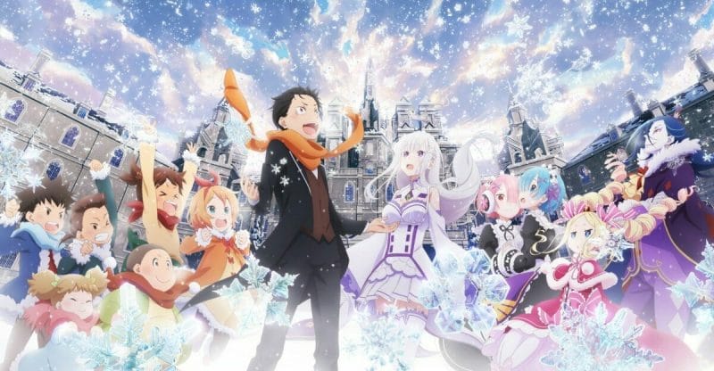 Re:Zero Memory Snow header - a black-haired man in a heavy coat and a silver-haired woman in a white dress stand in a bustling village as snow falls from the sky.