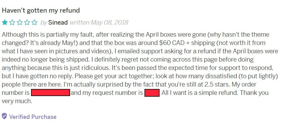 Cratejoy review for Anime Bento with a usre alleging that they had not received a refund