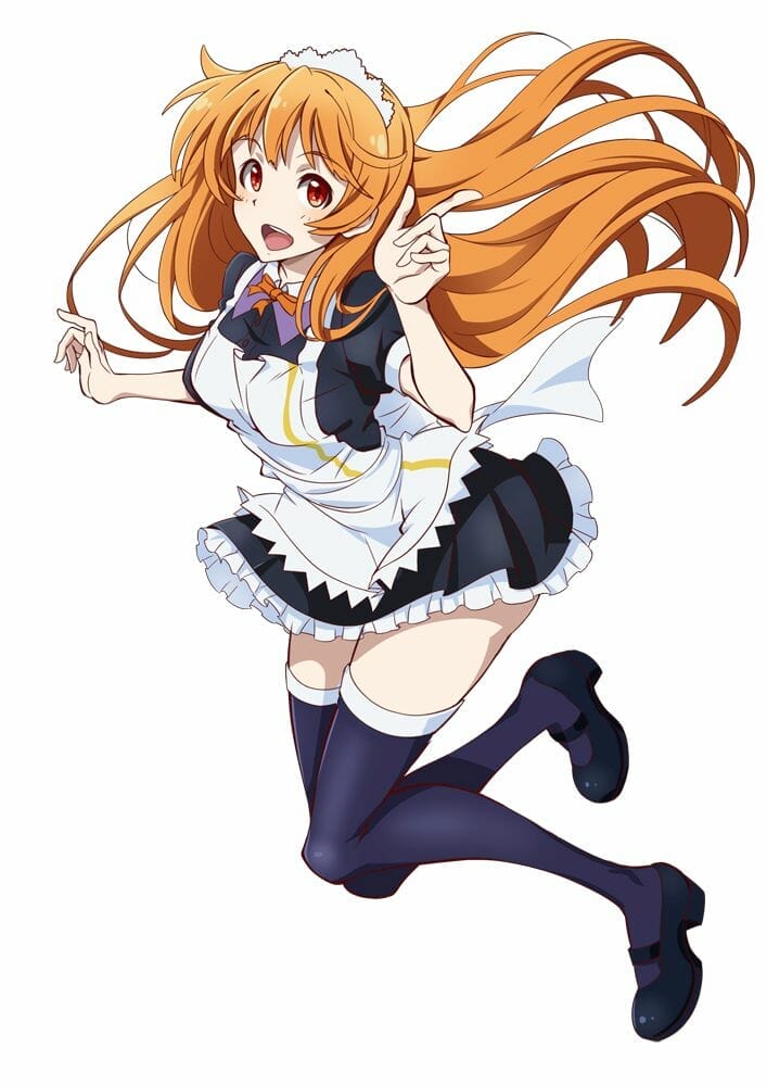 Key visual for Okamoto Kitchen character Haru Umesaki, a red-haired woman in a maid outfit, who is smiling at the camera as she jumps