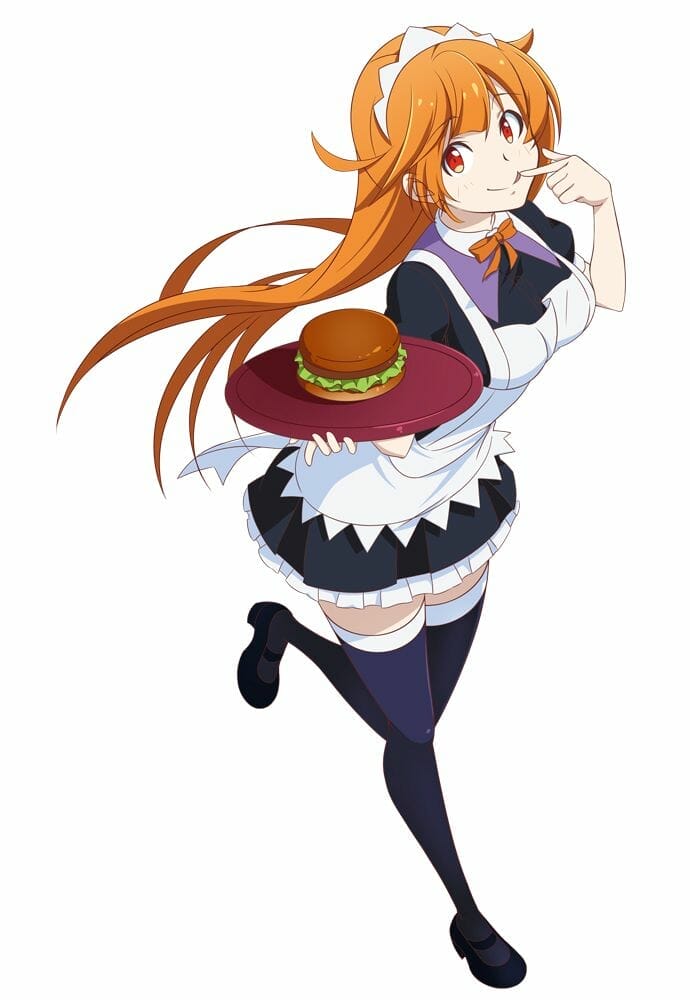 Key visual for the Okamoto Kitchen web anime that depicts main character Haru, a red-haired girl in a maid uniform, holding a platter with a burger on it.