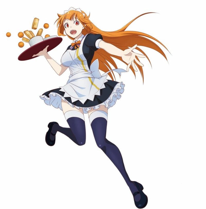 Character visual for the Okamoto Kitchen anime project that depicts Haru, a red-haired woman in a maid uniform, smiling and reaching out toward the camera as a platter full of food spills out in her other hand.