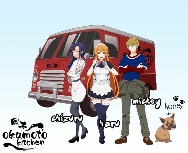 Cast visual for Okamoto Kitchen that depicts Haru, Mickey, Chizuru, and Honey standing in front of the company's food truck.