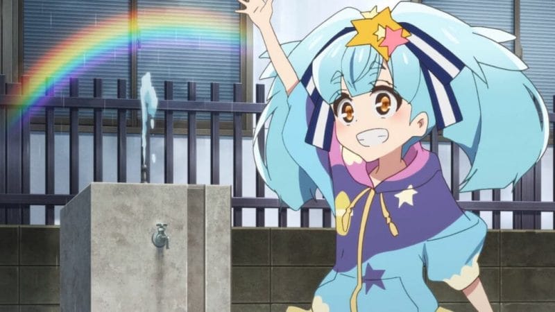 Zombie Land Saga Episode 9 - Lily Hoshikawa waves, as a rainbow forms around her.