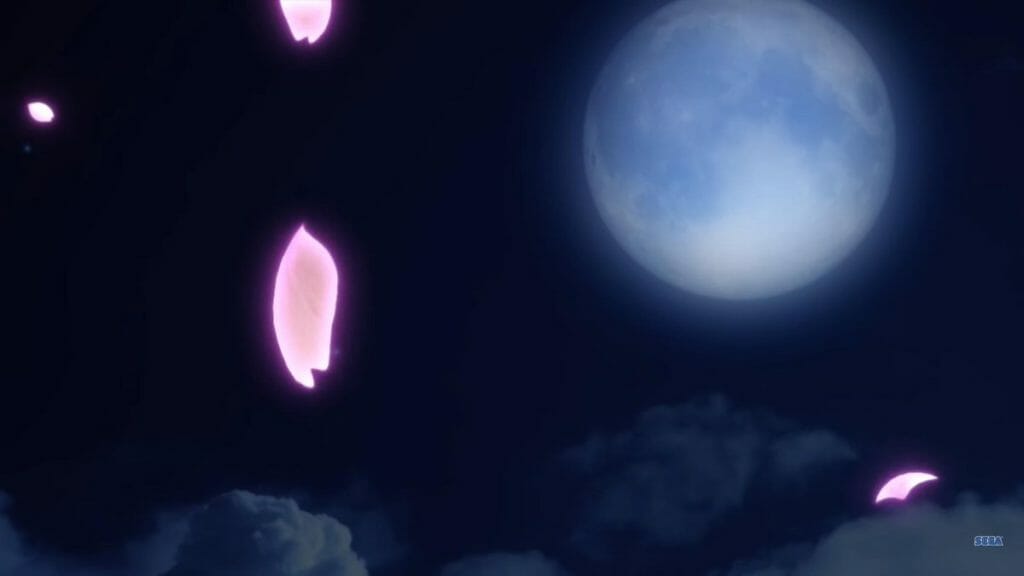 Image from the Sakura Wars 2019 reveal, which depicts cherry blossoms fluttering by a pale full moon.