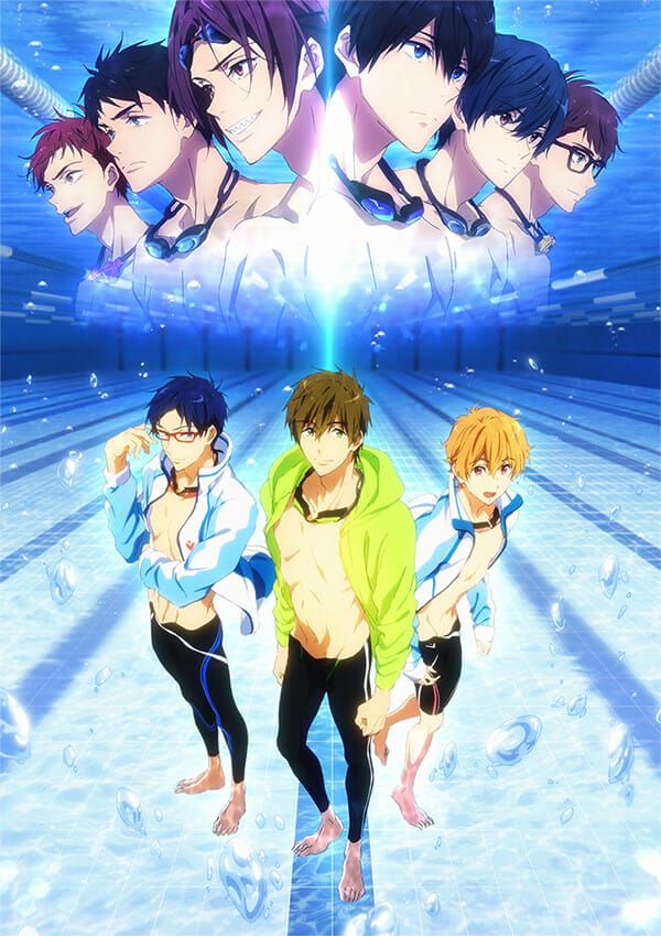 Free! ~Road to the World~ Yume visual. The image features Rei, Nagisa, and Haruka standing at the bottom of a pool. The headshots of the Iwatobi Swim Team can be seen above. 