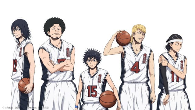 Ahiru no Sora Key Visual. Sora Kurumatani, Momoharu Hanazono, Chiaki Hanazono, Kenji Natsume, and Kaname Shigeyoshi stand in their basketball uniforms.