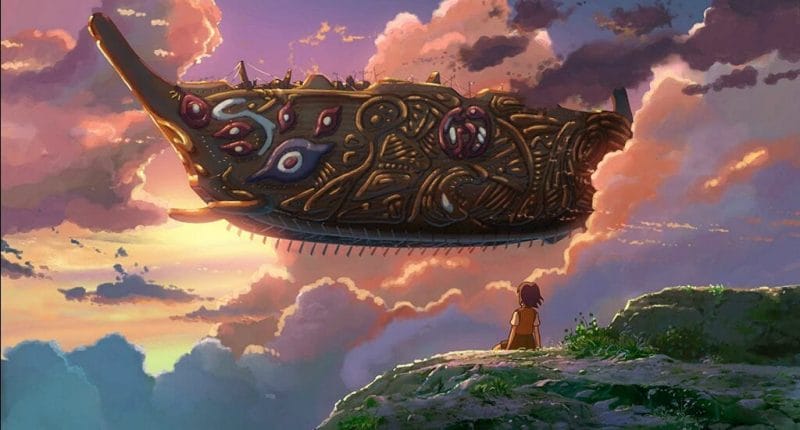 Children Who Chase Lost Voices still - Asuna sits on a hill, watching a grand airship pass by.