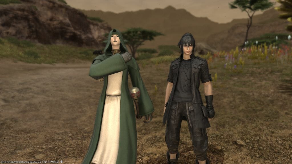 Skye Graneterre, a Duskwight Elezen, poses with Prince Noctis in Final Fantasy XIV