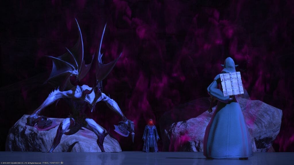 Skye Graneterre, a Duskwight Elezen, battles the Masked Magician and a gargoyle in Final Fantasy XIV