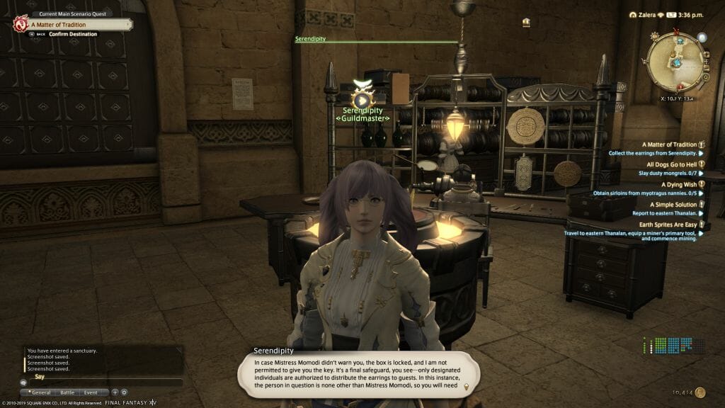 A dialogue screen with Serendipity, head of the Goldsmith's Guild in Final Fantasy XIV