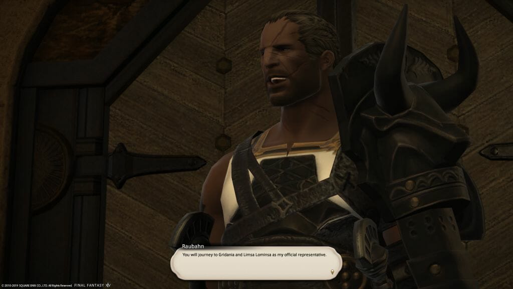 A dialogue screen with Raubahn in Final Fantasy XIV