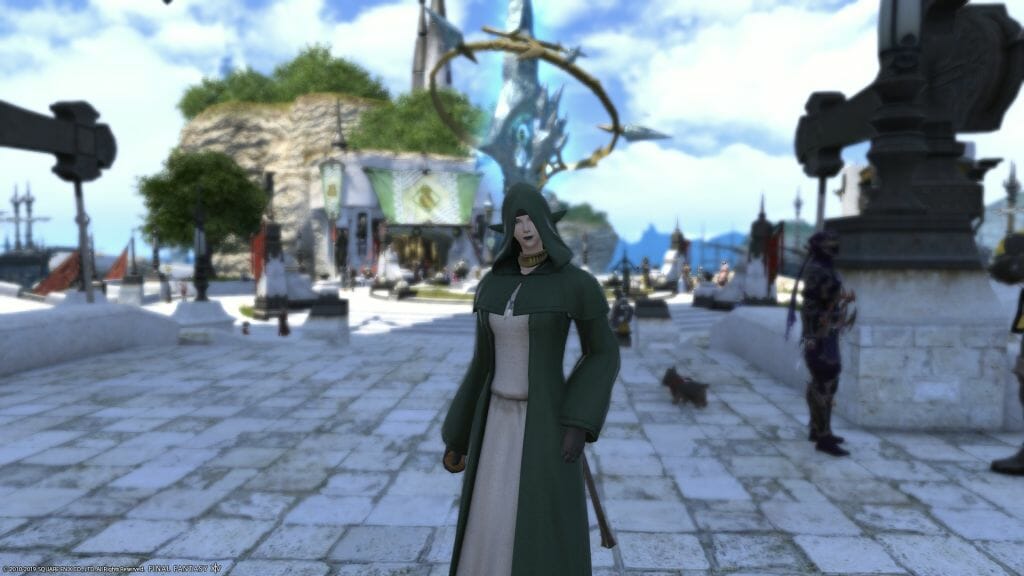 Skye Graneterre, a Duskwight Elezen, poses in the main plaza of Limsa Lominsa in Final Fantasy XIV