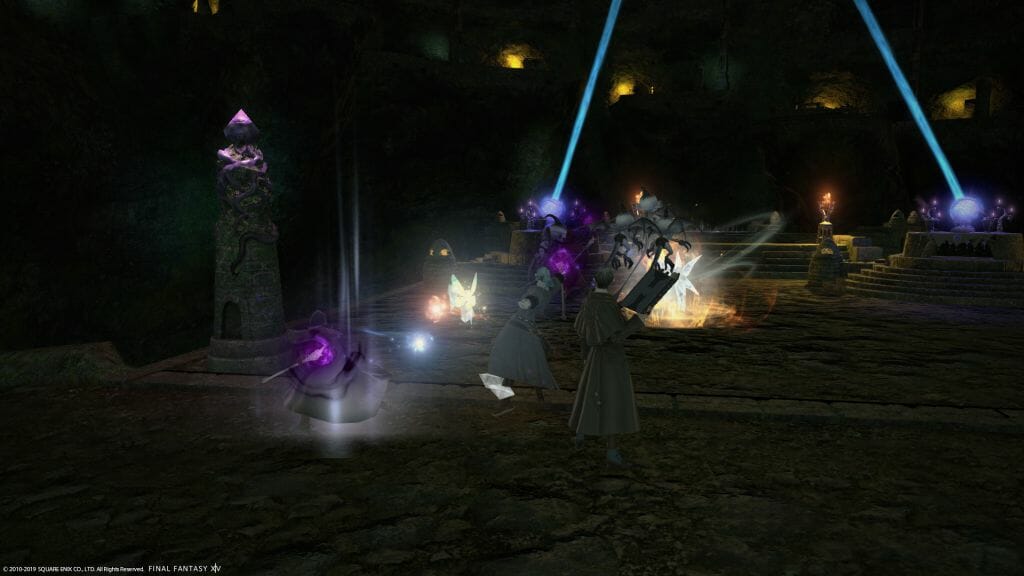 A party of adventurers engaged in battle at the Tam-Tara Deepcroft in Final Fantasy XIV