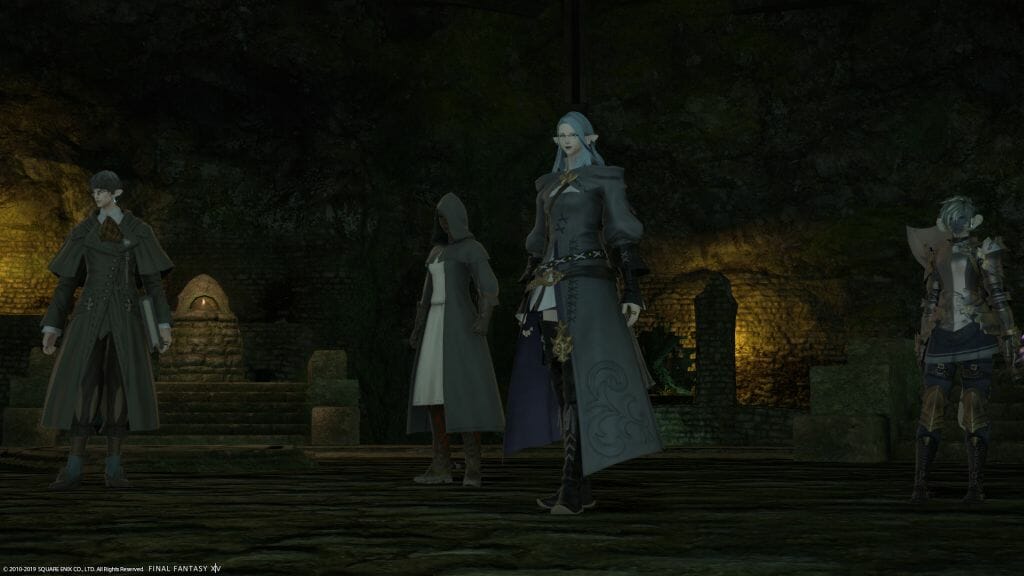 Skye Graneterre, a Duskwight Elezen, stands with her party in the Tam-Tara Deepcroft in Final Fantasy XIV