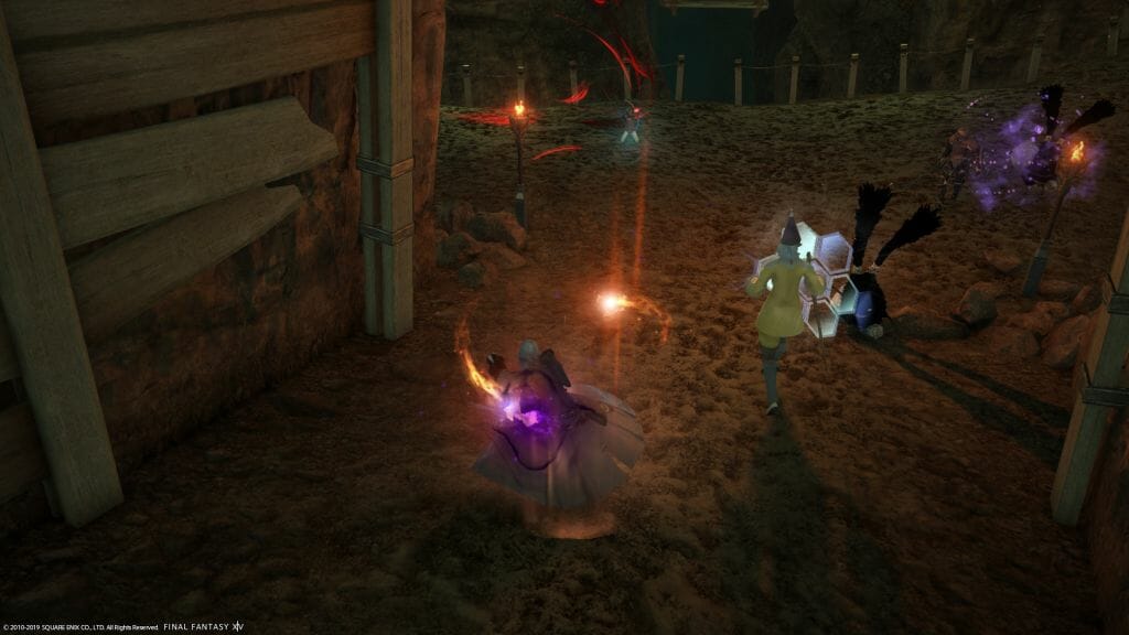 Skye Graneterre, a Duskwight Elezen, and a second warrior face down foes in the Copperbell Mines in Final Fantasy XIV