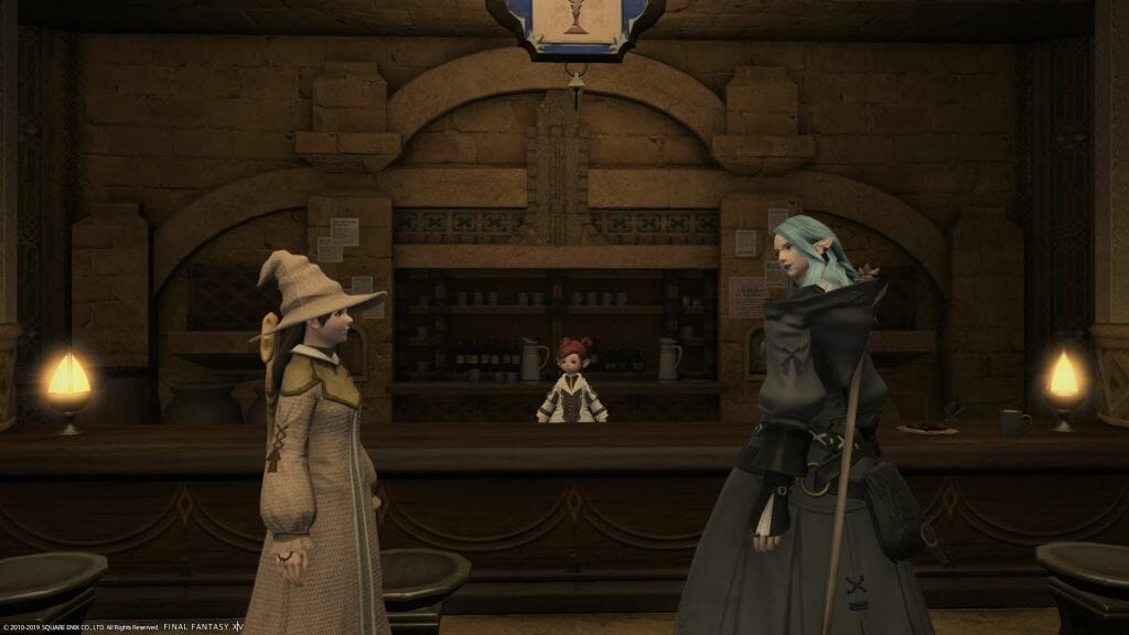 Skye Graneterre, a Duskwight Elezen, meets Edda at The Quicksand in Final Fantasy XIV