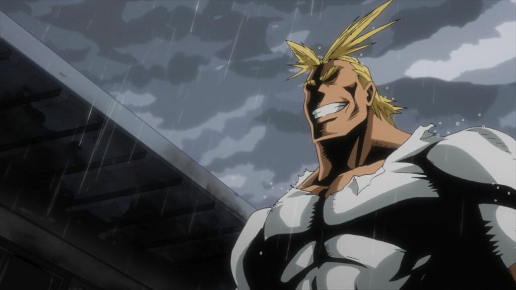 My Hero Academia still - All Might poses as rain falls from above.