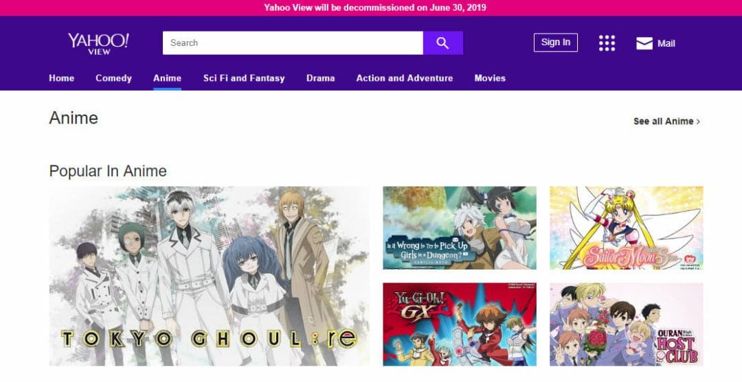 Yahoo! View's anime section, as of 6/18/2019 - titles include Sailor Moon S, Tokyo Ghoul:re, Yu-Gi-Oh! GX, and Ouran High School Host Club