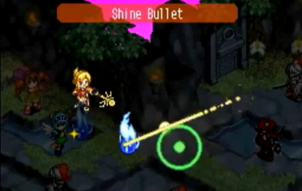 Screenshot from Luminous Arc depicting a battle scene - one of the characters is using a projectile-based attack, Shine Bullet.