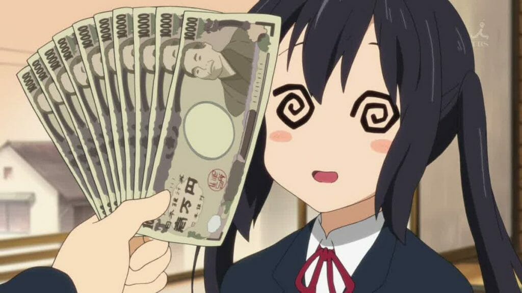 K-On! still - Azusa stands, eyes spinning, as money is waved in front of her.