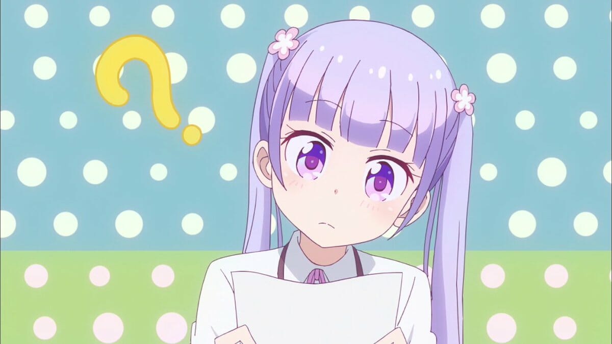 New Game! show still - Aoba looks over a page against a polka-dot background. A question mark is visible next to her head.