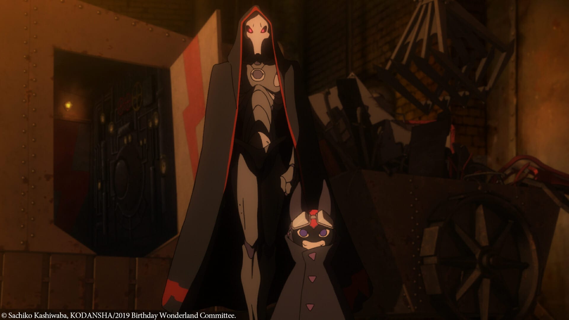 A man in a black skull mask and dark armor and a bipedal cat creature stand in a dimly lit room. A door shaped like an emblem is open behind them.