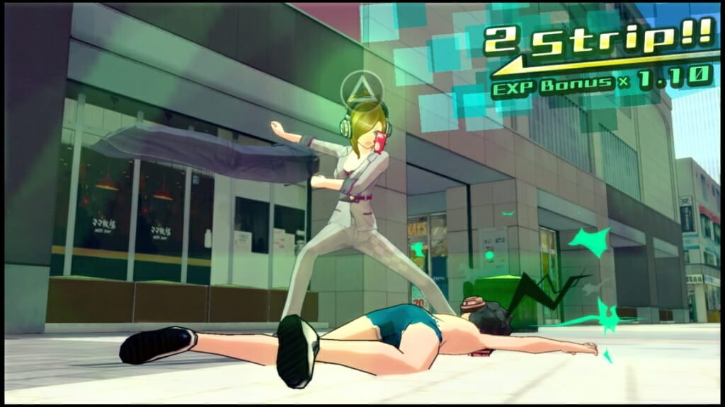 Akibas Trip PS4 Screenshot - A woman dabs over the body of a man dressed in his underpants. A bright green Triangle button icon flashes onscreen.