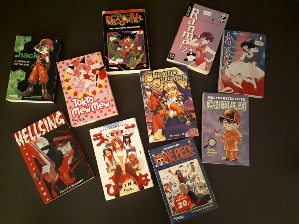 Ten Danish editions of popular manga titles, including Dragon Ball, Hellsing, Ranma, and .hack.