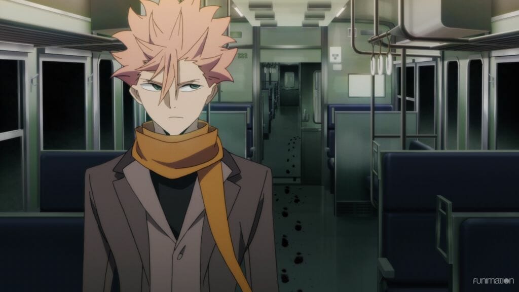 Id Invaded Episode 006 Still - Sakaido, a man with pink hair, walks through an empty train car.