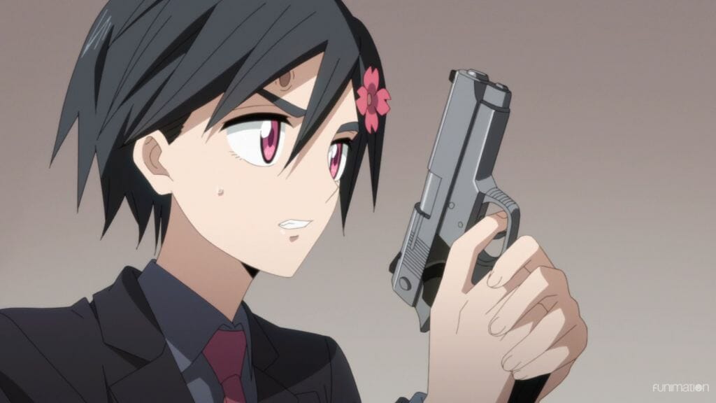 Id Invaded Episode 006 Still - Hondomachi, a young woman, stands holding a pistol.