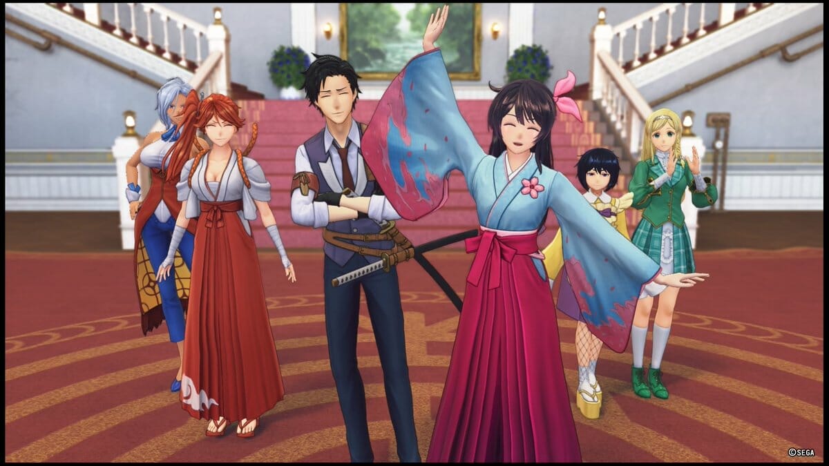 Sakura Wars 2019 Still - Five women and a man stand at the entrance to the grand Imperial Theater. The front girl, a brunette, waves as she smiles.