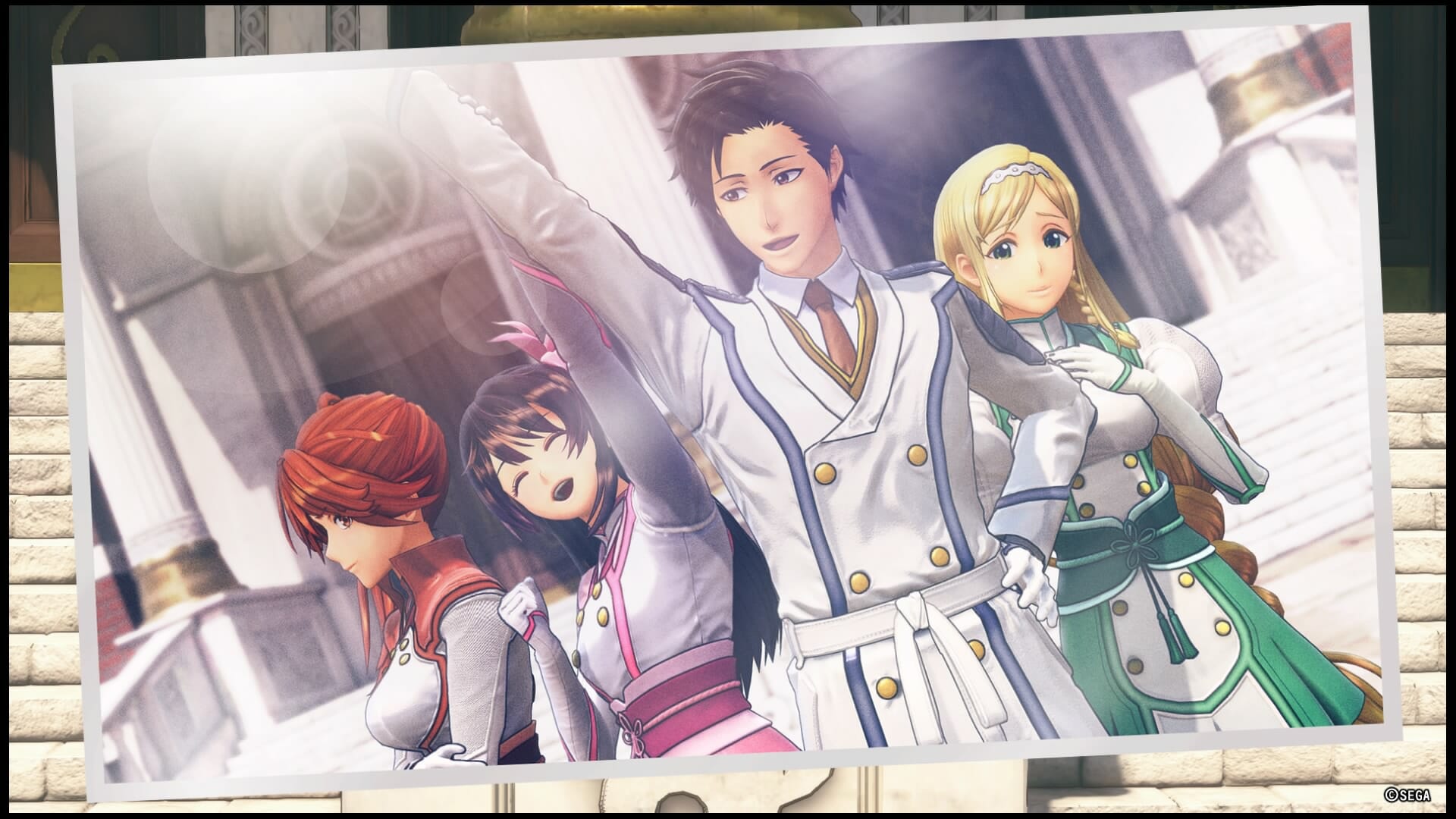 Sakura Wars 2019 Still - A photograph of Sakura, Hatsuho, Claris, and Seijuro who are posing on the steps of the Imperial Theater