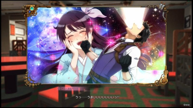 Sakura Wars 2019 Still - A man leans back, as light spews forth from his eyes and mouth. A woman's blushing, smiling face is behind him, set against a starry nebula.