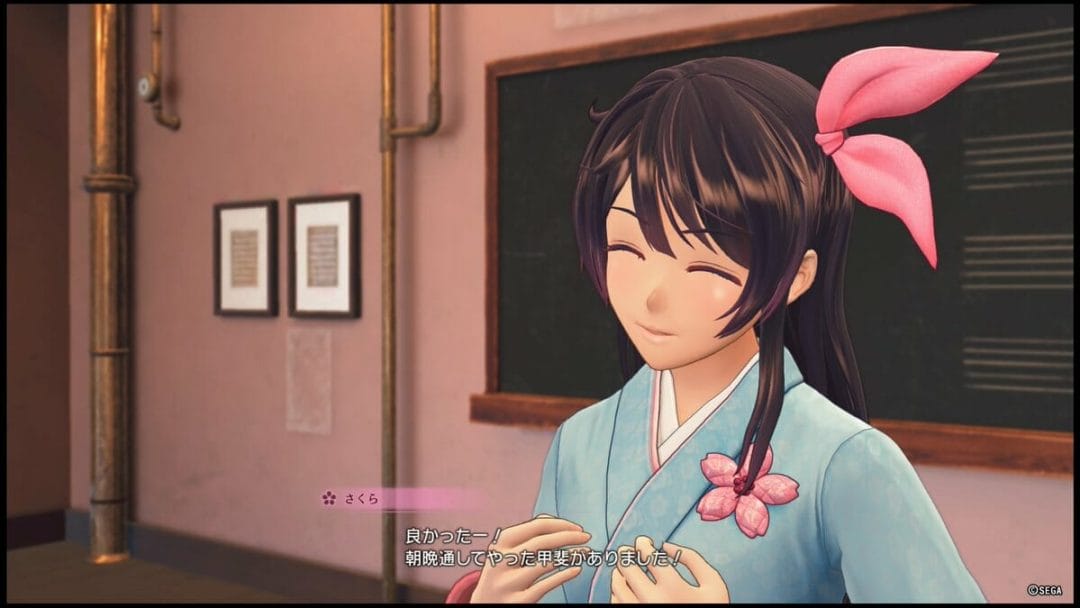 Sakura Wars 2019 Still - Sakura Amamiya smiles at the camera. A chalkboard with musical scales can be seen behind her.