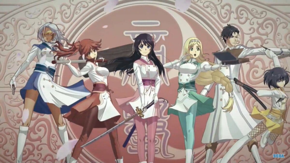Sakura Wars: The Animation image - five women and a man posing against a background emblazoned with an emblem with Japanese characters..