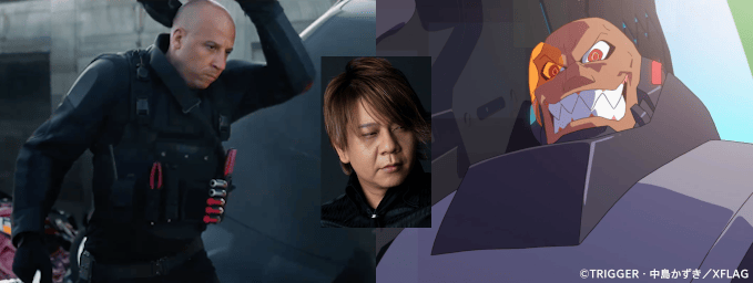 Collage featuring Vin Diesel, Promare character Vulcan Haetus, and Trigger's Taiten Kusunoki