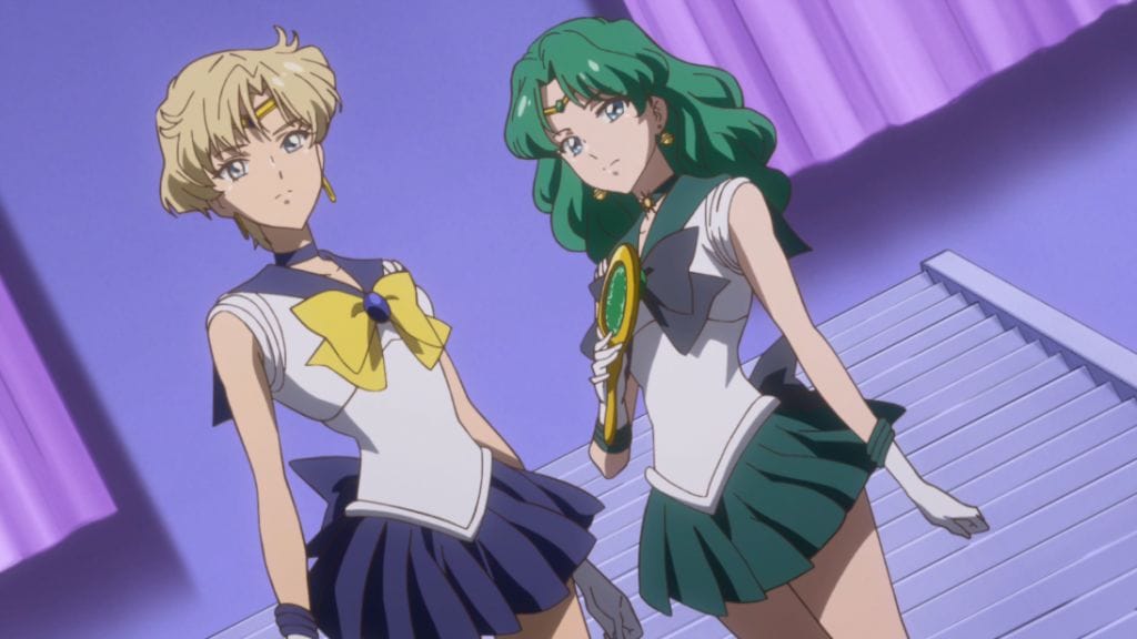 Sailor Moon Crystal anime still - Sailor Uranus and Sailor Neptune pose at a Dutch angle.