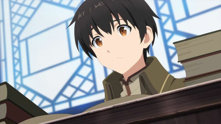Arifureta Anime Still - A young man looks down at the camera from behind a desk.