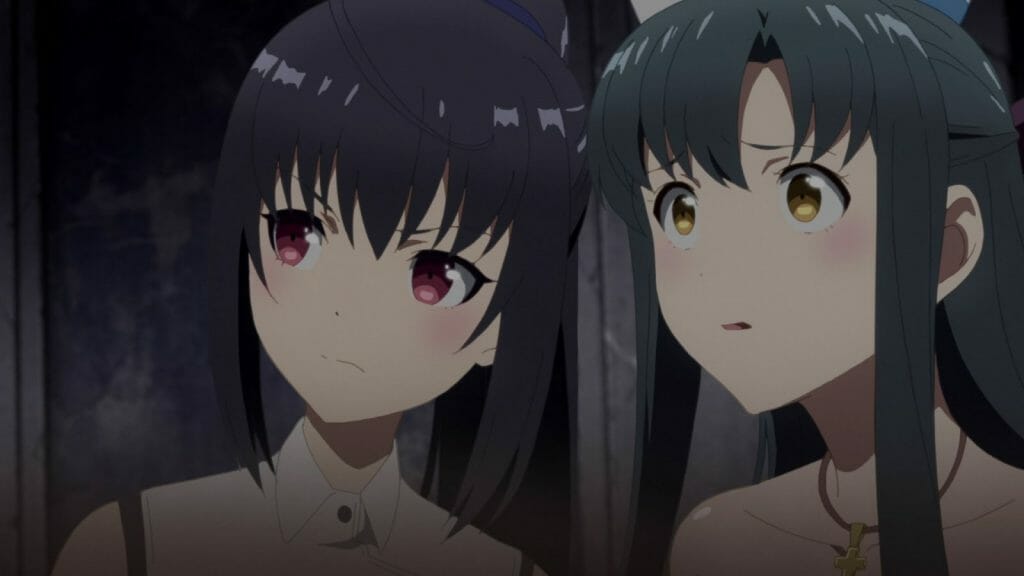 Arifureta Anime still - two women with concerned expressions look toward the camera.