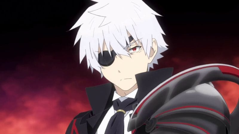 Arifureta anime still: a man with white hair and an eyepatch glares at the camera.