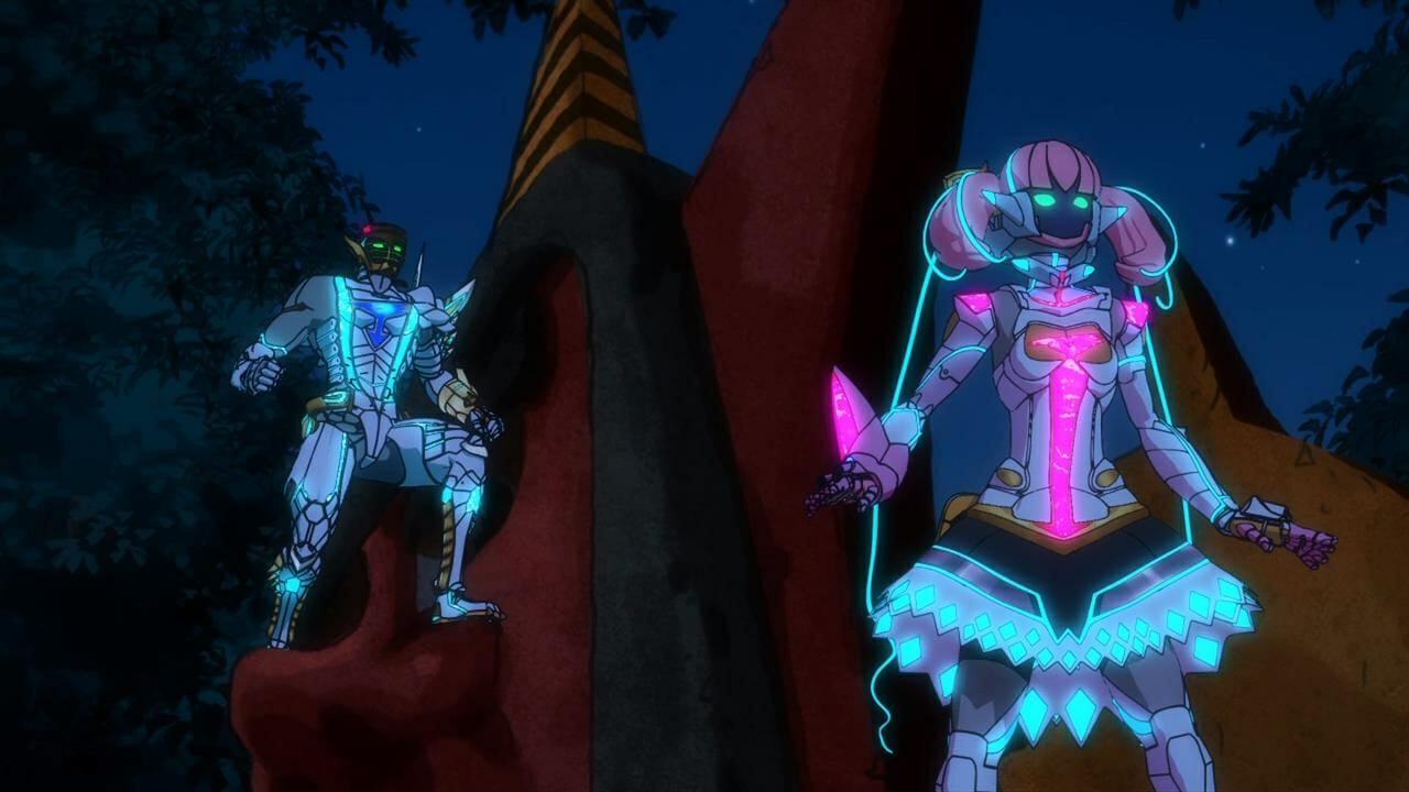 Gatchaman Crowds Still - two robotic superheroes stand on a metal structure.