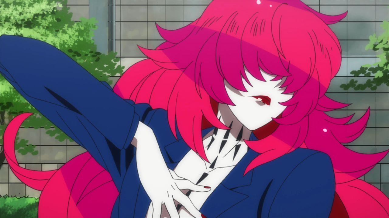 Gatchaman Crowds Still - a character of indeterminate gender with pink hair, a blue top, and crimson lips gestures theatrically for the camera.