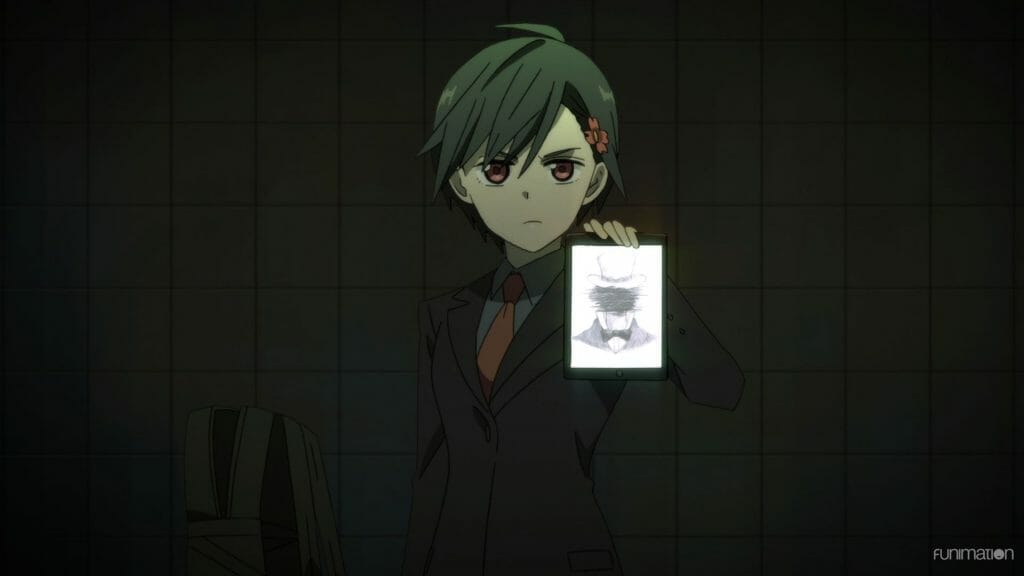 Id: Invaded Anime Episode 11 Still - A woman in a suit holds a tablet PC that depicts a man in a top hat, whose face is scratched out.