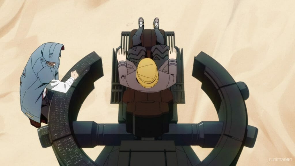 Id: Invaded Anime Episode 11 Still - Overhead shot of two men in a desert, one of whom is sitting in a computerized chair.