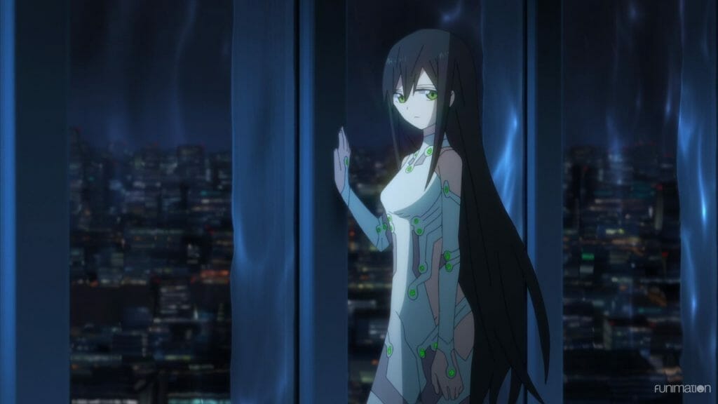  Id: Invaded Episode 13 Still - A woman in a white bodysuit frowns sadly as she looks through a window at a city skyline.