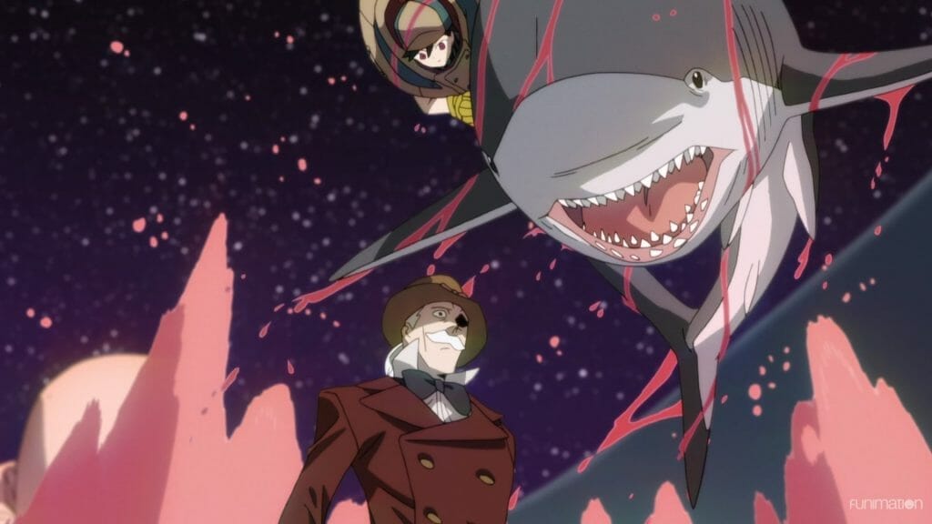  Id: Invaded Episode 13 Still - A grey-haired man with a suit and top hat stands in surprise as water splashes around him. Above, a woman in a brown coat rides a shark down toward the man.