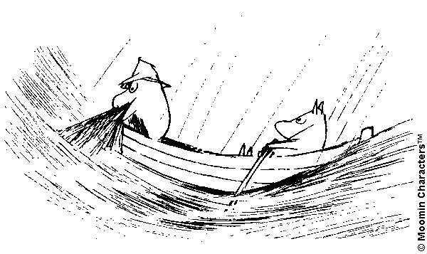An illustration by Tove Jansson from the novel Moominpappa at Sea (1965).  Moominpappa (left) and Moomintroll (right) are on a boat in the middle of a storm.  Moominpappa is trying to bring fishing nets onto the ship, while Moomintroll is rowing.  It is raining and the waves appear very strong